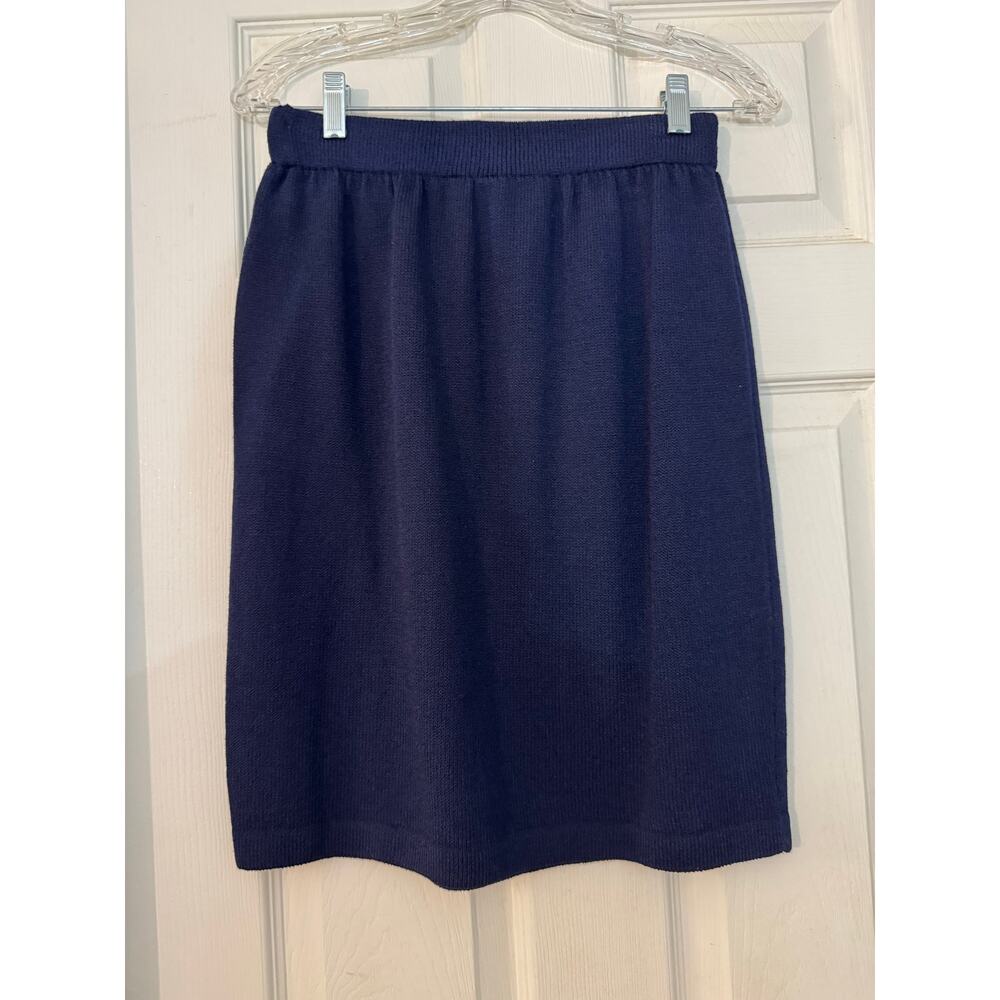 St. John 2-Piece Knit Suit Set Navy Blue Gold Metallic Trim and Skirt sz 6 - Picture 5 of 13